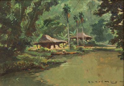 un tableau représentant une maison au bord de l'eau, dans la jungle