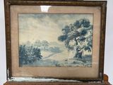 une vieille photo représentant un tableau posé sur un chevalet, sur fond blanc