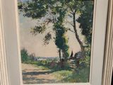 peinture représentant un paysage avec des arbres et un banc au premier plan