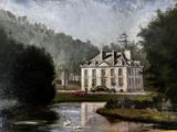 tableau représentant une maison et des cygnes dans un étang