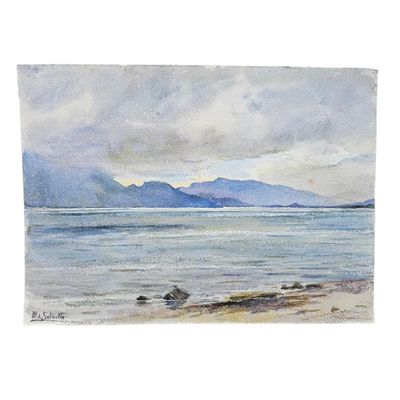 aquarelle représentant une vue sur l'océan avec des montagnes au loin