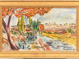 an image of a painting of a landscape with trees and a road