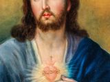 painting of jesus holding a sacred heart with a dove in the background
