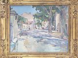 une peinture à l'huile représentant une scène de rue avec des personnes marchant dans la rue