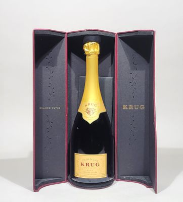 a bottle of champagne in a box on a table