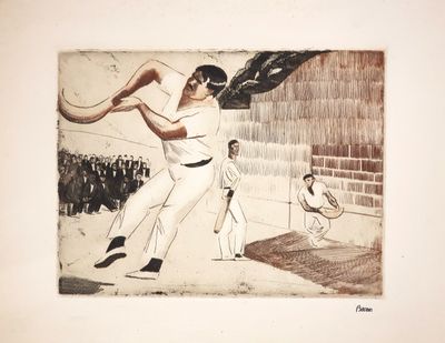 a drawing of a man hitting a ball with a bat