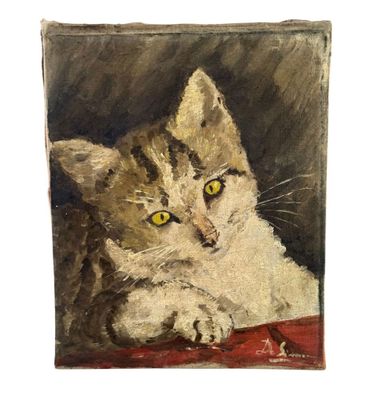 an oil painting of a cat laying on top of a red blanket