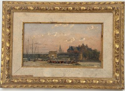 une image représentant un tableau d'une ville avec un pont en arrière-plan