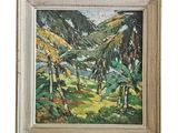 une peinture à l'huile représentant un paysage de montagne avec des arbres et de l'herbe