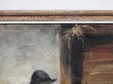 a painting of a man with a hat and a bird in the background