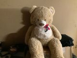 a large teddy bear sitting on top of a box