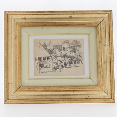 framed drawing of a man riding a horse in a field