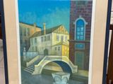 peinture d'un pont sur une rivière avec un bâtiment en arrière-plan