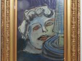 painting of a woman with a cigarette in a gold frame on a wall