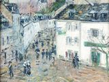 an image of a painting of people walking down a street