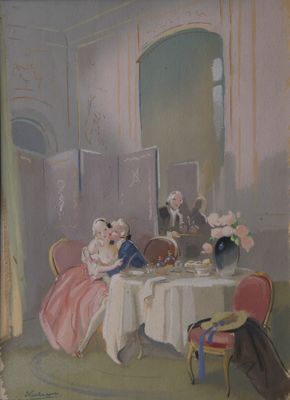 a painting of a woman sitting at a table with two men