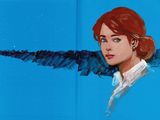 un tableau représentant une femme aux cheveux roux sur fond bleu