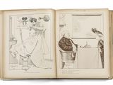 an open book with a drawing of a man and a woman sitting at a table
