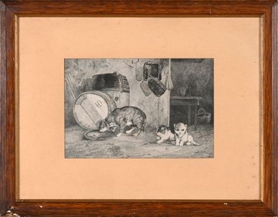 tableau représentant un chat et deux chatons devant un tonneau de vin