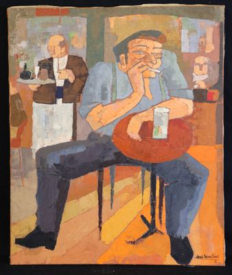 painting of a man sitting at a table with a cup of coffee in his hand