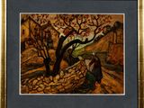 tableau représentant un homme et une femme marchant sur un sentier au milieu d'un paysage montagneux