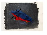 a drawing of a red and blue boat on a black background