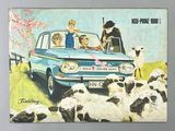 a picture of a book with a picture of a family in a car surrounded by sheep