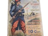 une vieille affiche représentant un homme armé d'un fusil sur fond blanc