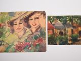 two paintings of a woman and a child in a garden
