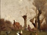 une image représentant un tableau où l'on voit un groupe d'animaux dans un champ