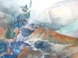 a painting of a boat in the water with leaves on it