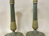 pair of antique brass candlesticks with green and gold pating