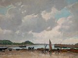 une peinture de bateaux sur la plage au bord de l'eau