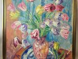 a painting of flowers in a vase on a table