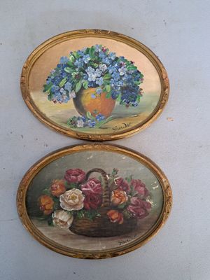 painting of a basket of flowers and a vase of flowers on a wall