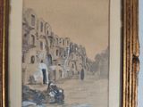 painting of a street scene with a man and a woman sitting on the ground
