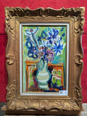 une peinture de fleurs dans un vase sur une table
