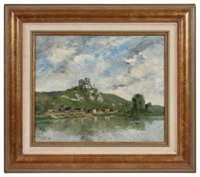 un tableau représentant un château sur une colline, avec un lac au premier plan