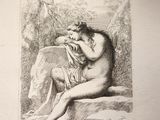 drawing of a naked woman sitting on a rock in a wooded area
