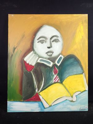 un tableau représentant un homme en train de lire un livre, le sourire aux lèvres