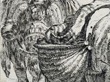a drawing of two horses pulling a cart with a man on it