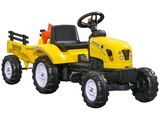 a yellow toy tractor that is sitting on a white background