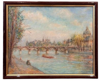 an oil painting of a bridge over a river with a boat on it