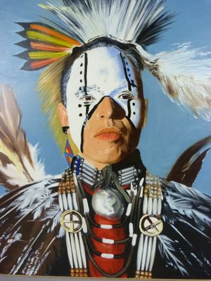 une peinture à l'huile représentant un Amérindien coiffé d'une coiffe à plumes