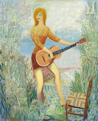 an oil painting of a woman with a guitar in a field