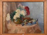 a painting of flowers in a vase on a table