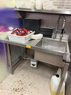 un évier de cuisine avec un plan de travail encombré