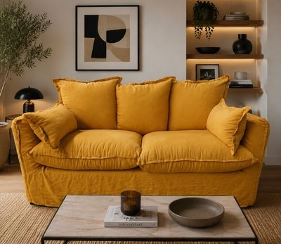a yellow couch sitting in a living room next to a coffee table