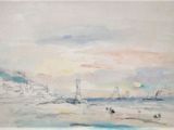 une aquarelle représentant une scène de plage avec des bateaux dans l'eau