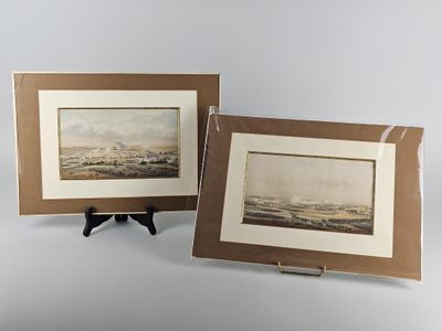 lot de deux reproductions encadrées représentant une scène de plage au bord d'une rivière